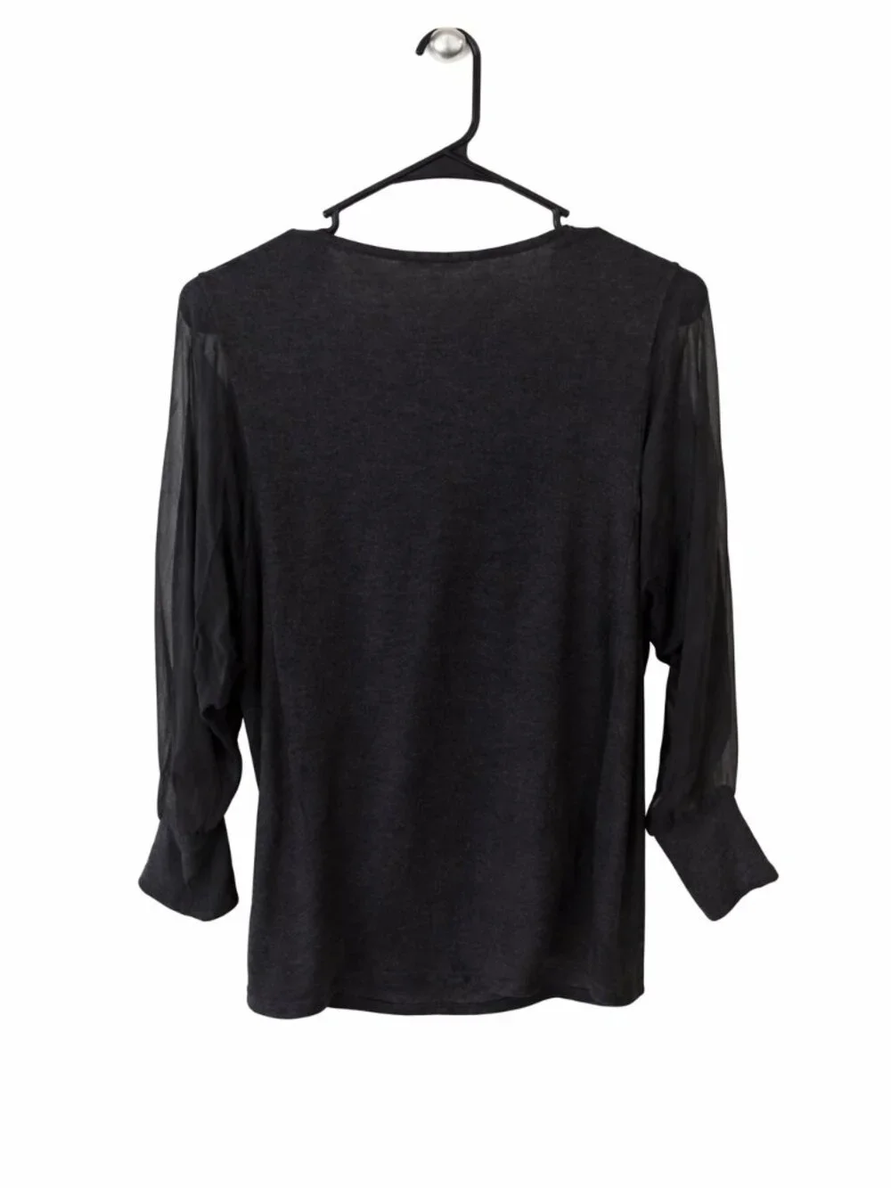 Red Haute Draped Cowl Neck Top M Sheer Sleeve Charcoal Gray Blouse - Picture 4 of 6